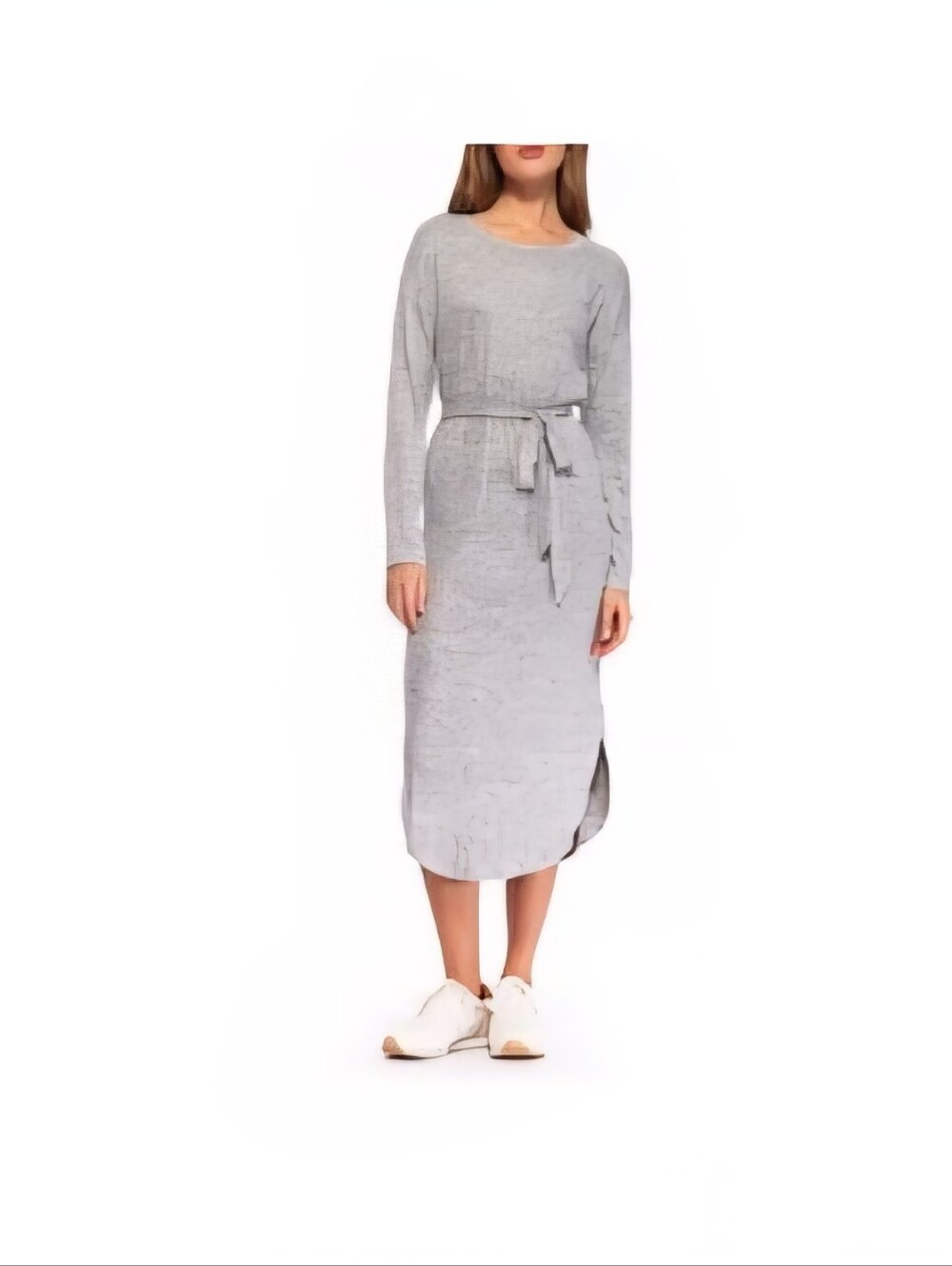 New Bobeau Light Gray Long Sleeve Midi Sweater Dress with Waist Tie XL